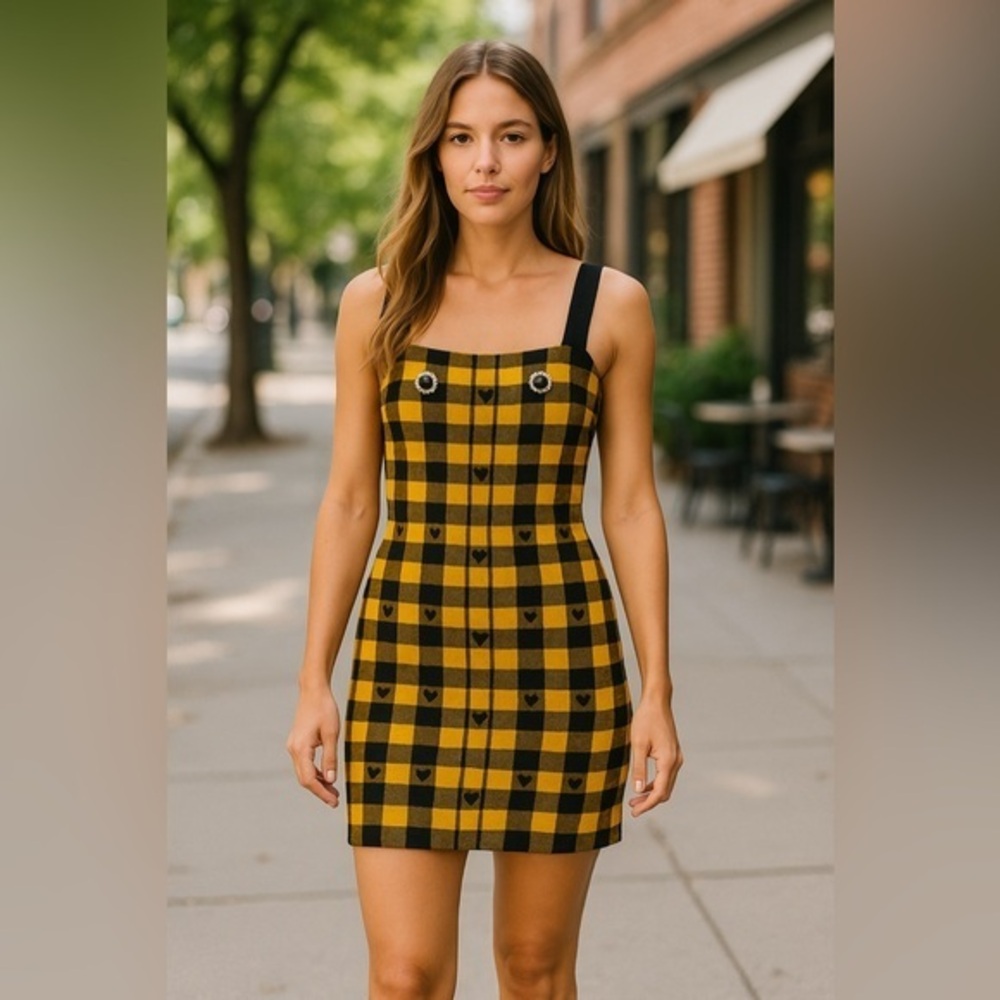 Alessandra Rich Dress Plaid Mini Heart Detail in Yellow Black